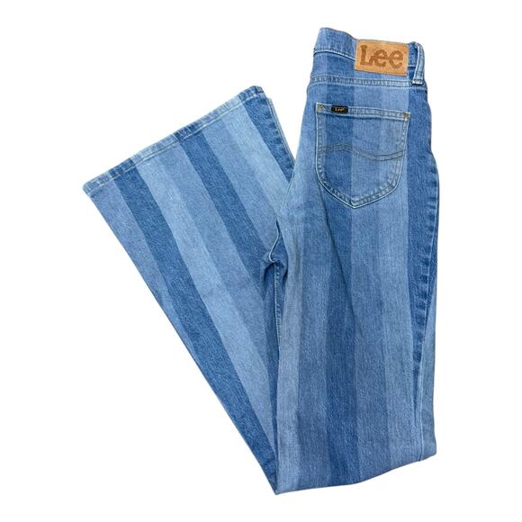 Lee Women’s High Rise Stripe Patchwork Flare Jeans US 0 Retro 70s Festival Boho - Picture 6 of 6